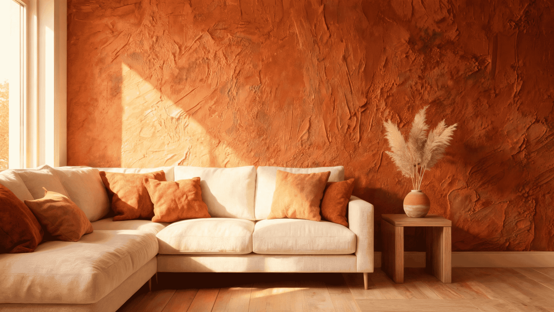 _terra cotta textured accent wall in a living room with a cream sofa and warm afternoon sunlight