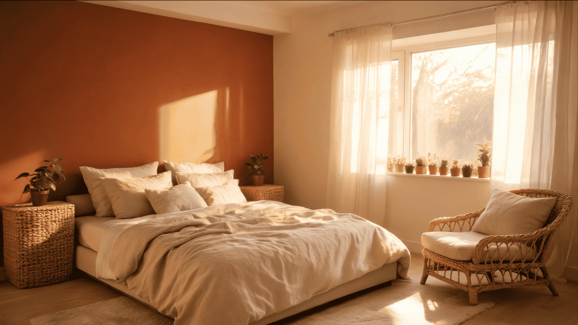 terracotta accent wall in a bedroom with rattan furniture and neutral linen bedding
