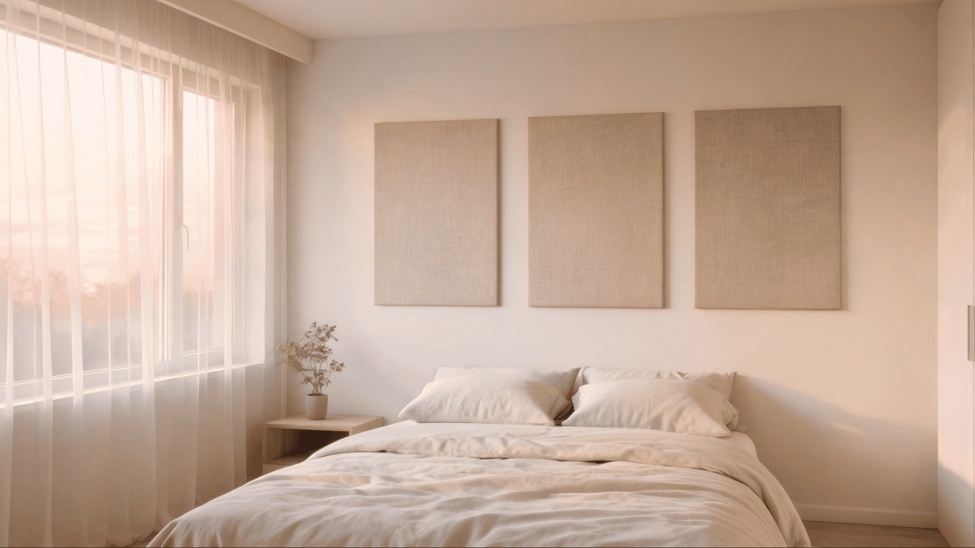 three fabric covered rectangular wall panels mounted with command strips in a minimal bedroom setting