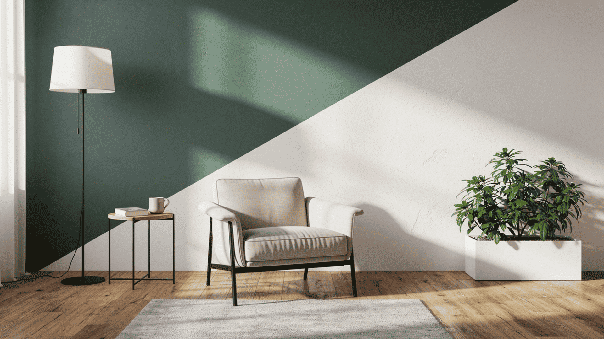 two tone diagonal geometric painted wall in a living room