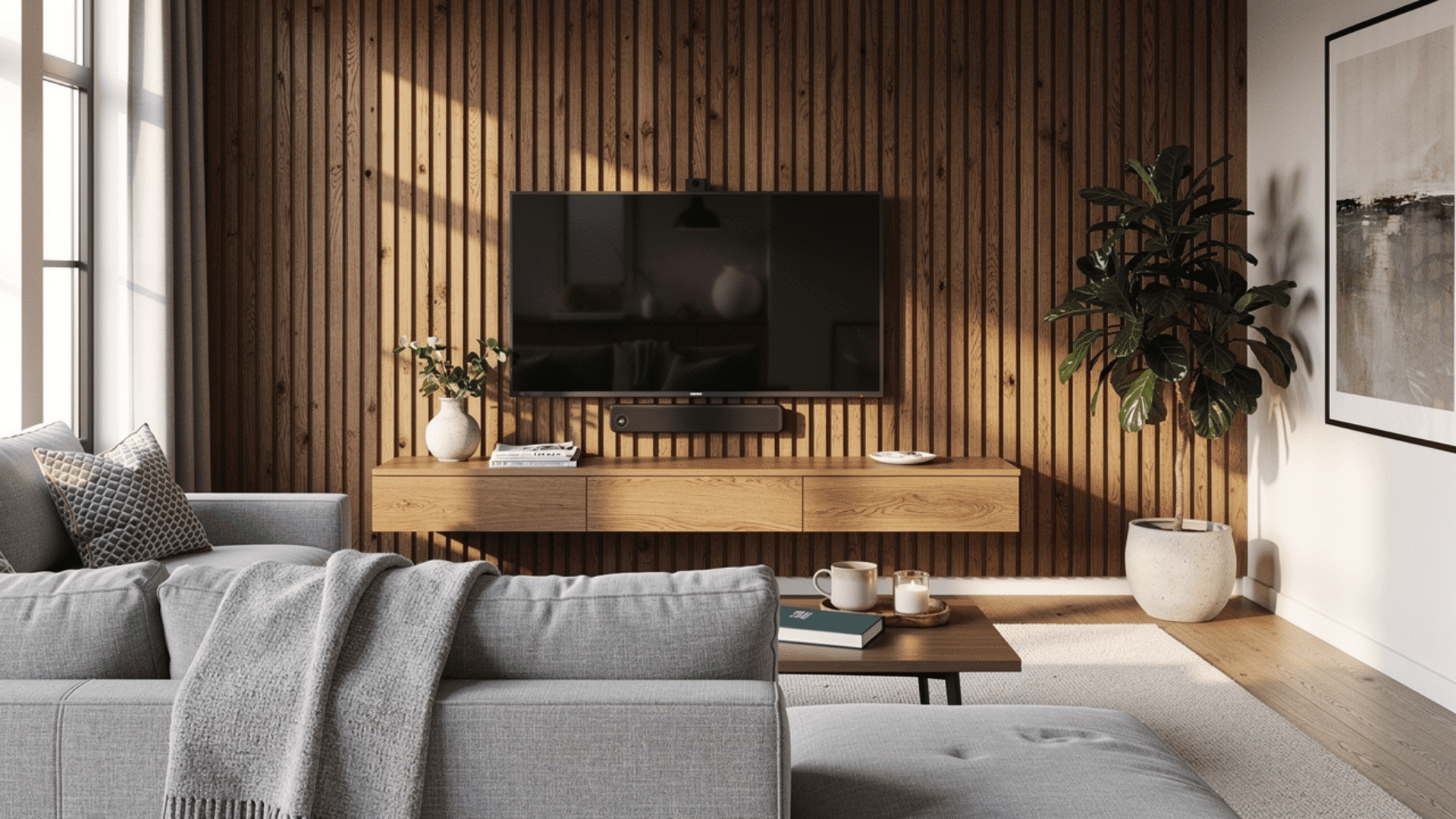 vertical oak slat wall with a mounted tv and sectional sofa in a living room
