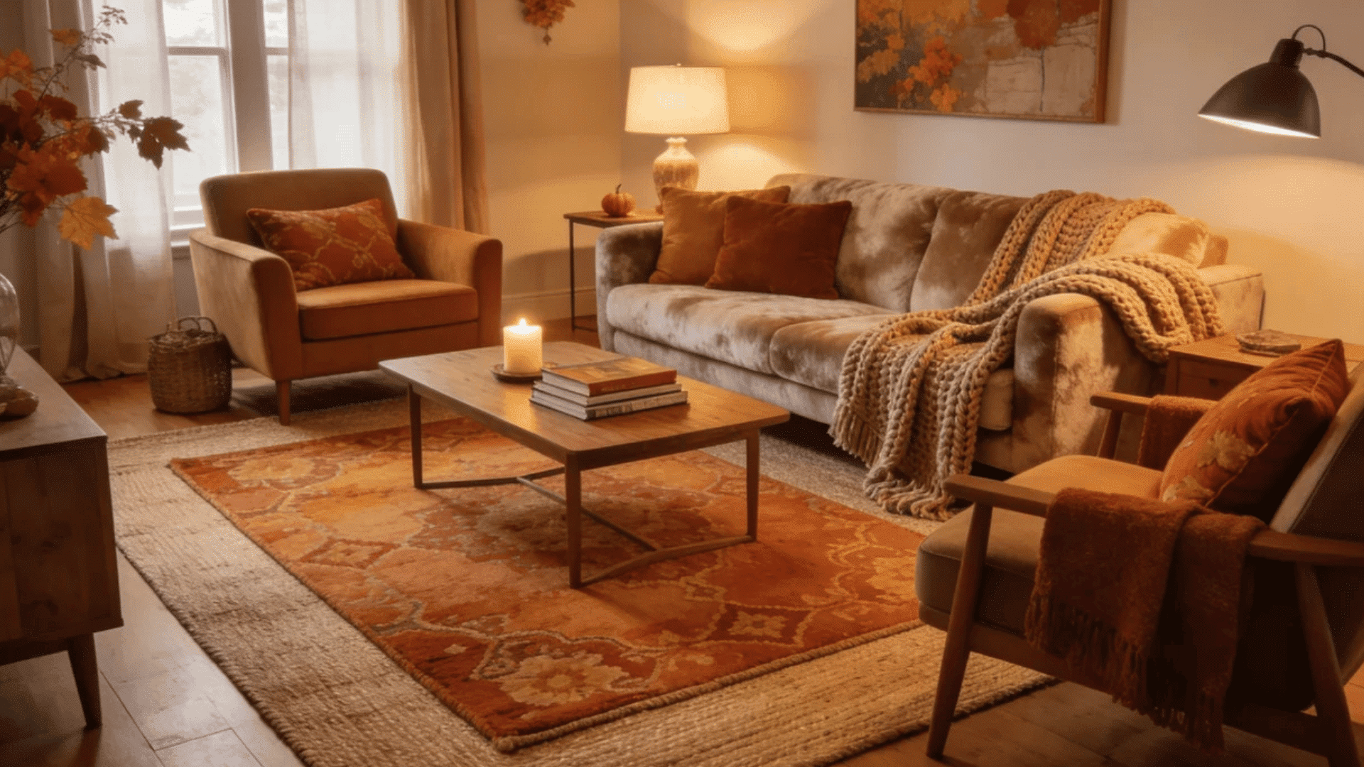 warm autumn living room with cozy sofa knit blanket candlelight and rustic seasonal decor accents