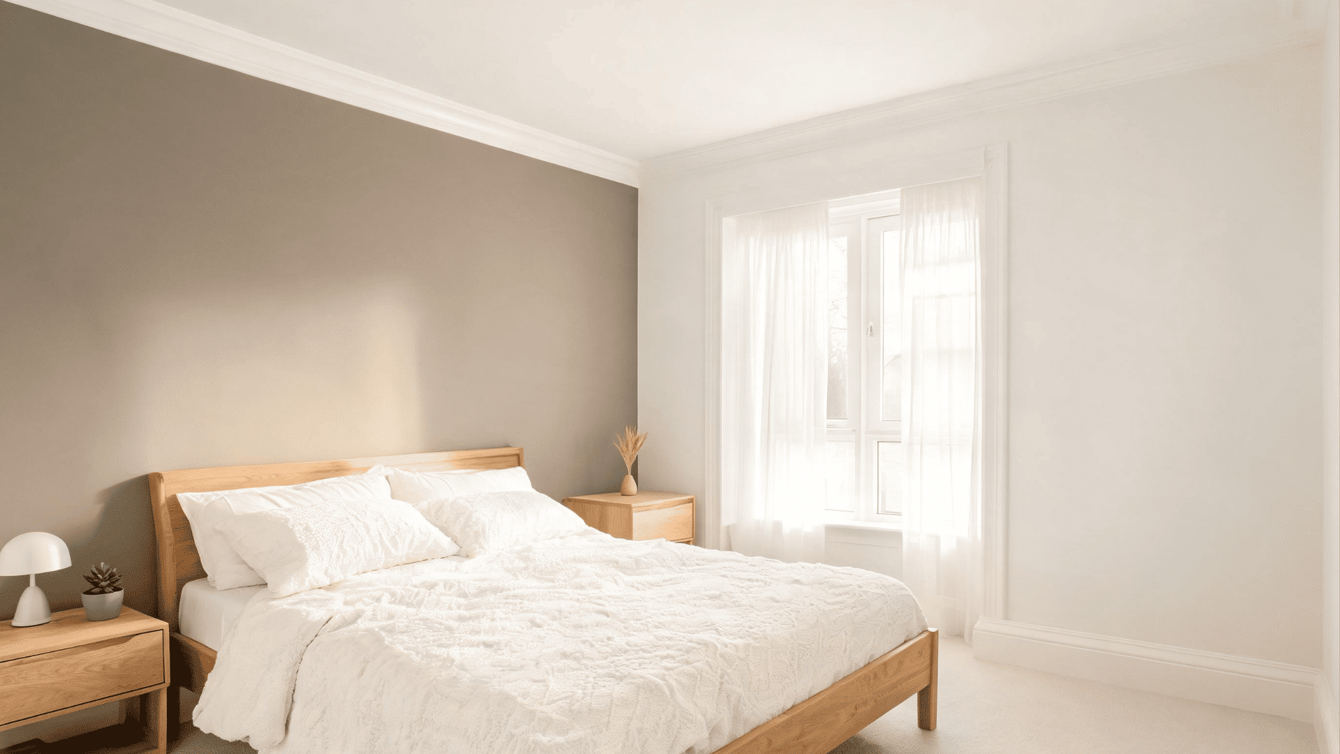warm greige accent wall in a small bedroom with white trim and light oak furniture (1)