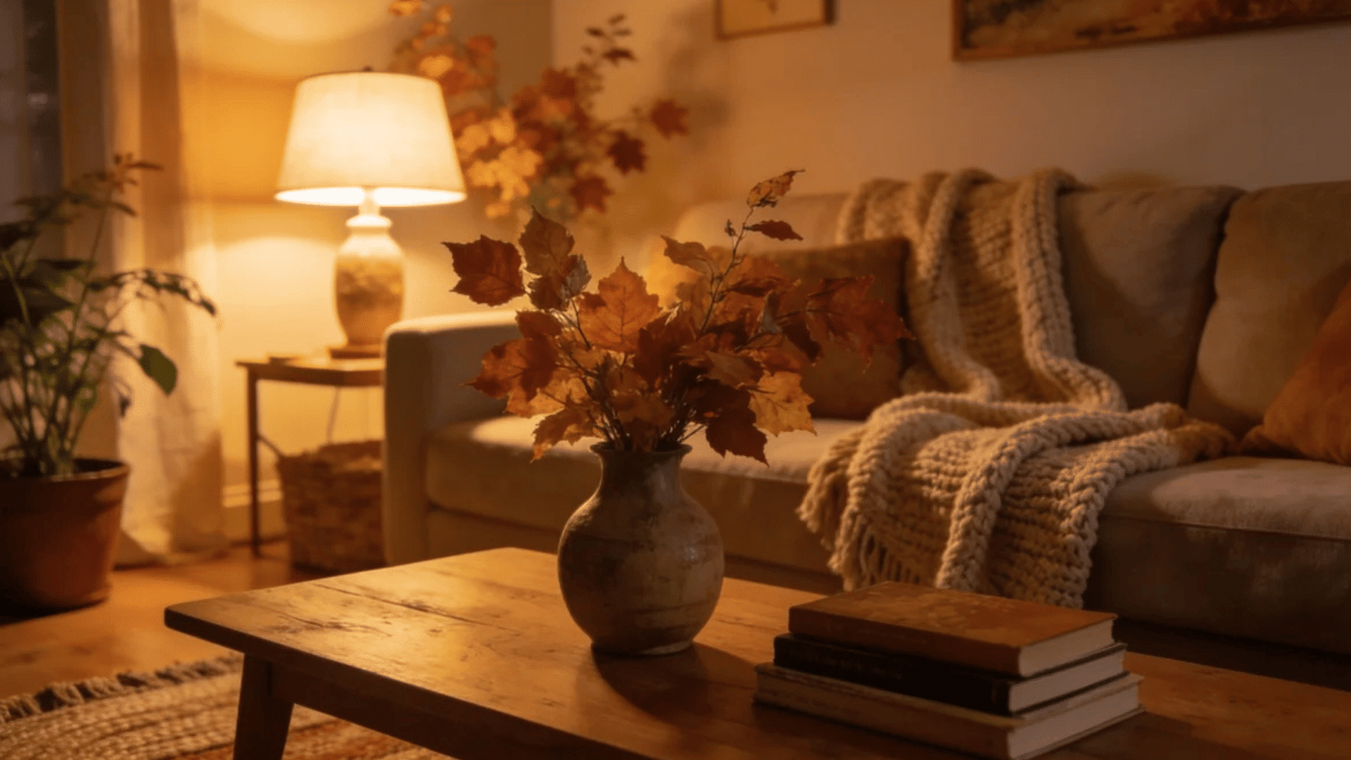 warm living room with autumn leaf arrangement cozy blanket and glowing lamp beside wooden table
