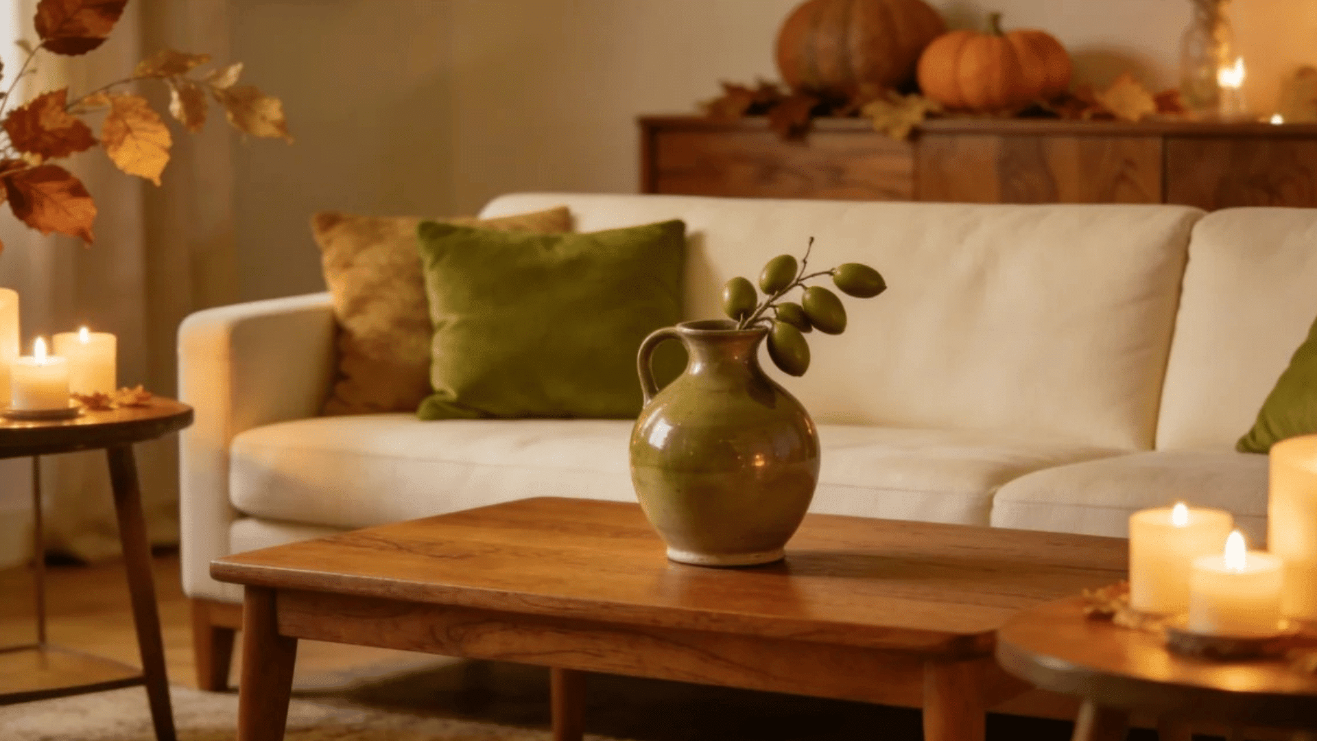 warm living room with glowing candles pumpkins soft pillows and cozy autumn evening decor