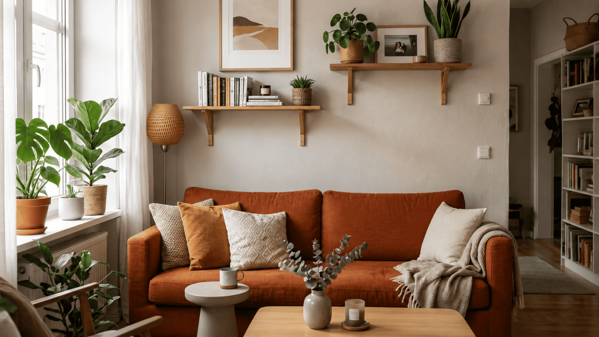 warm modern living room with orange sofa indoor plants wooden shelves and soft natural daylight