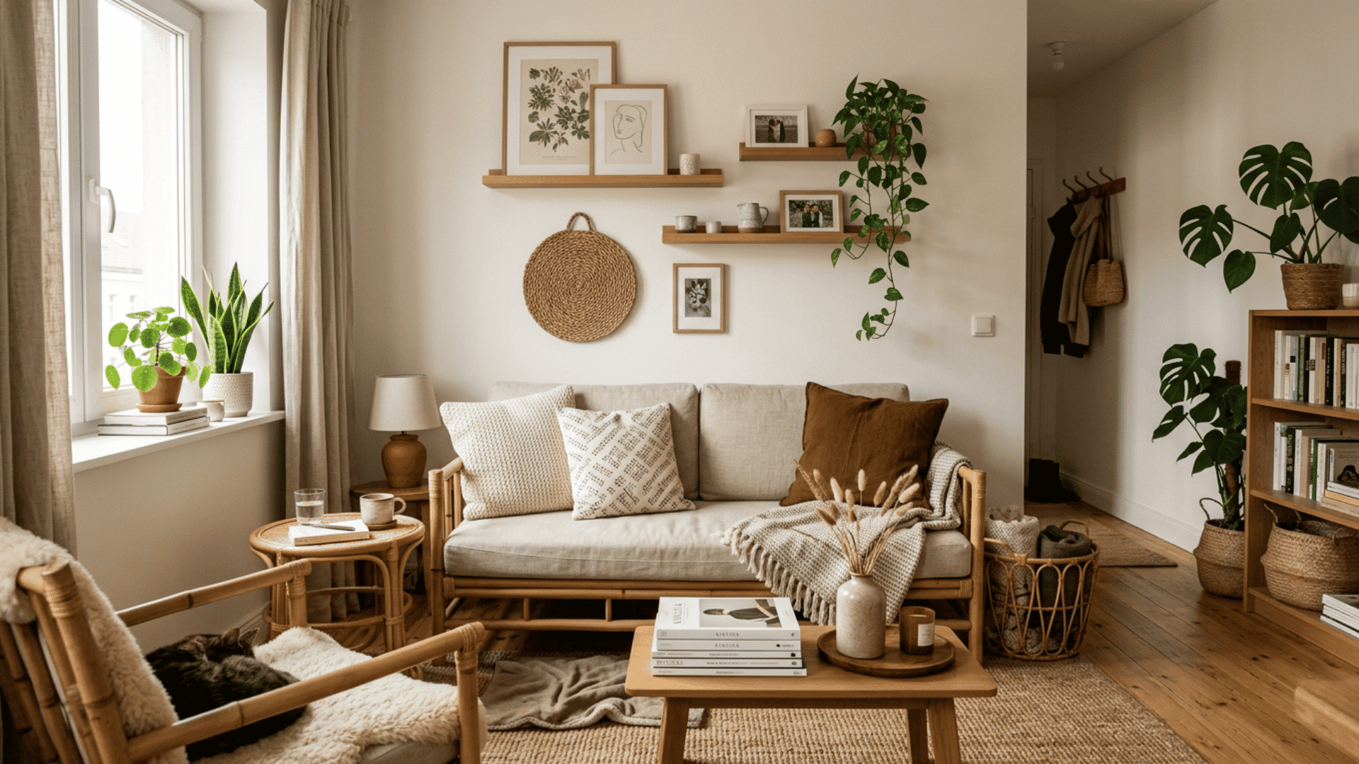 warm neutral living room with bamboo sofa indoor plants woven decor and cozy natural light