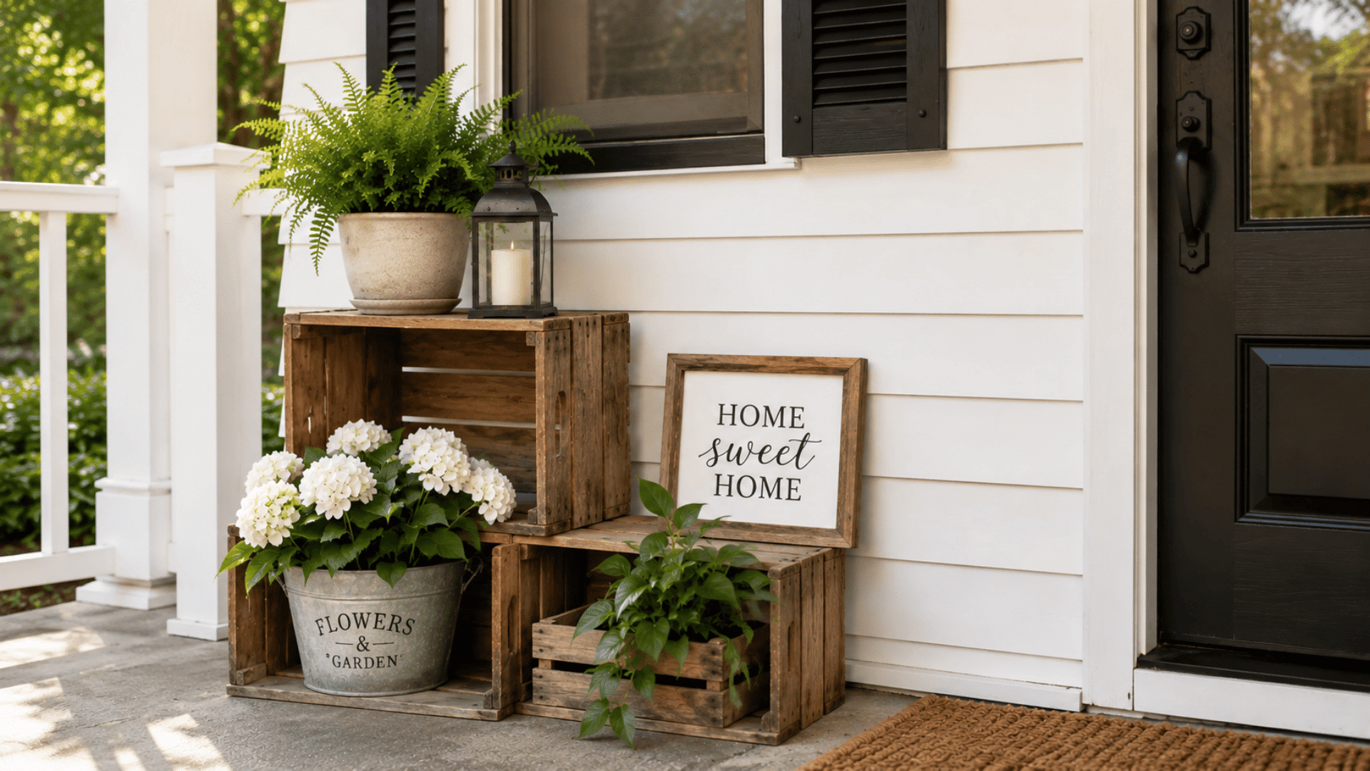 welcoming front porch with wooden crates potted flowers lantern decor and a home sweet home sign beside the door