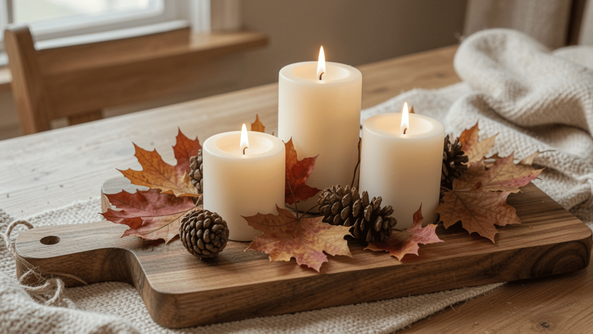 white candles with autumn leaves and pinecones arranged on wooden board atop rustic table