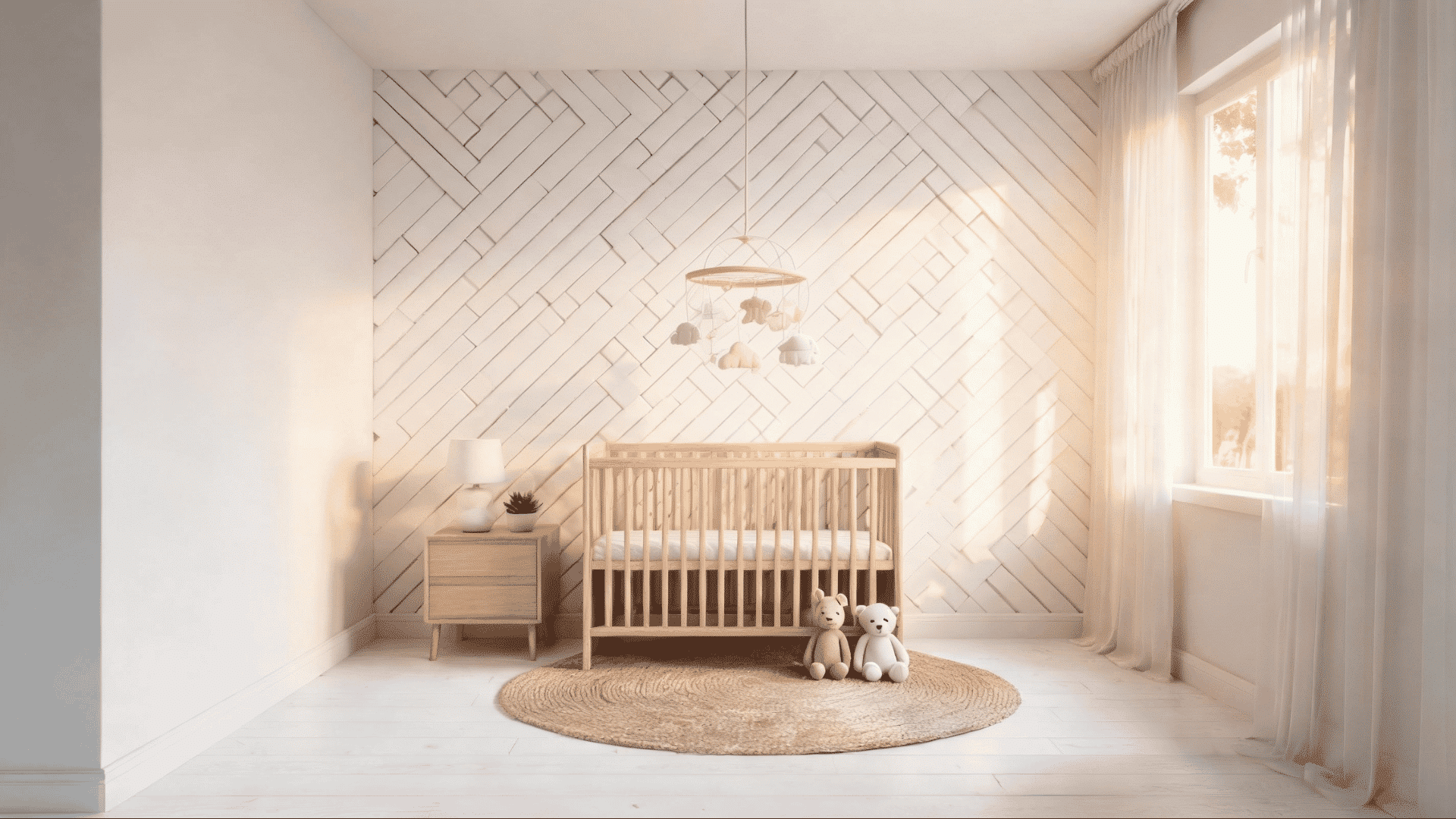white geometric diamond pattern accent wall in a nursery with a light wood crib and natural light