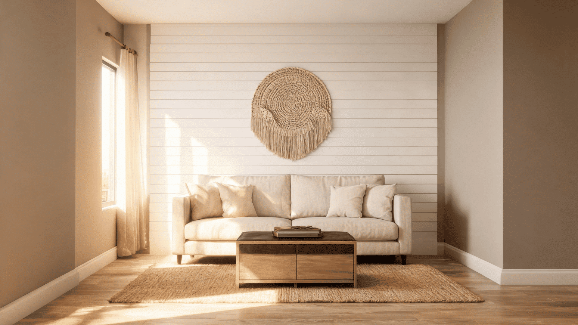 white shiplap accent wall behind a linen sofa in a warm living room with afternoon sunlight (1)