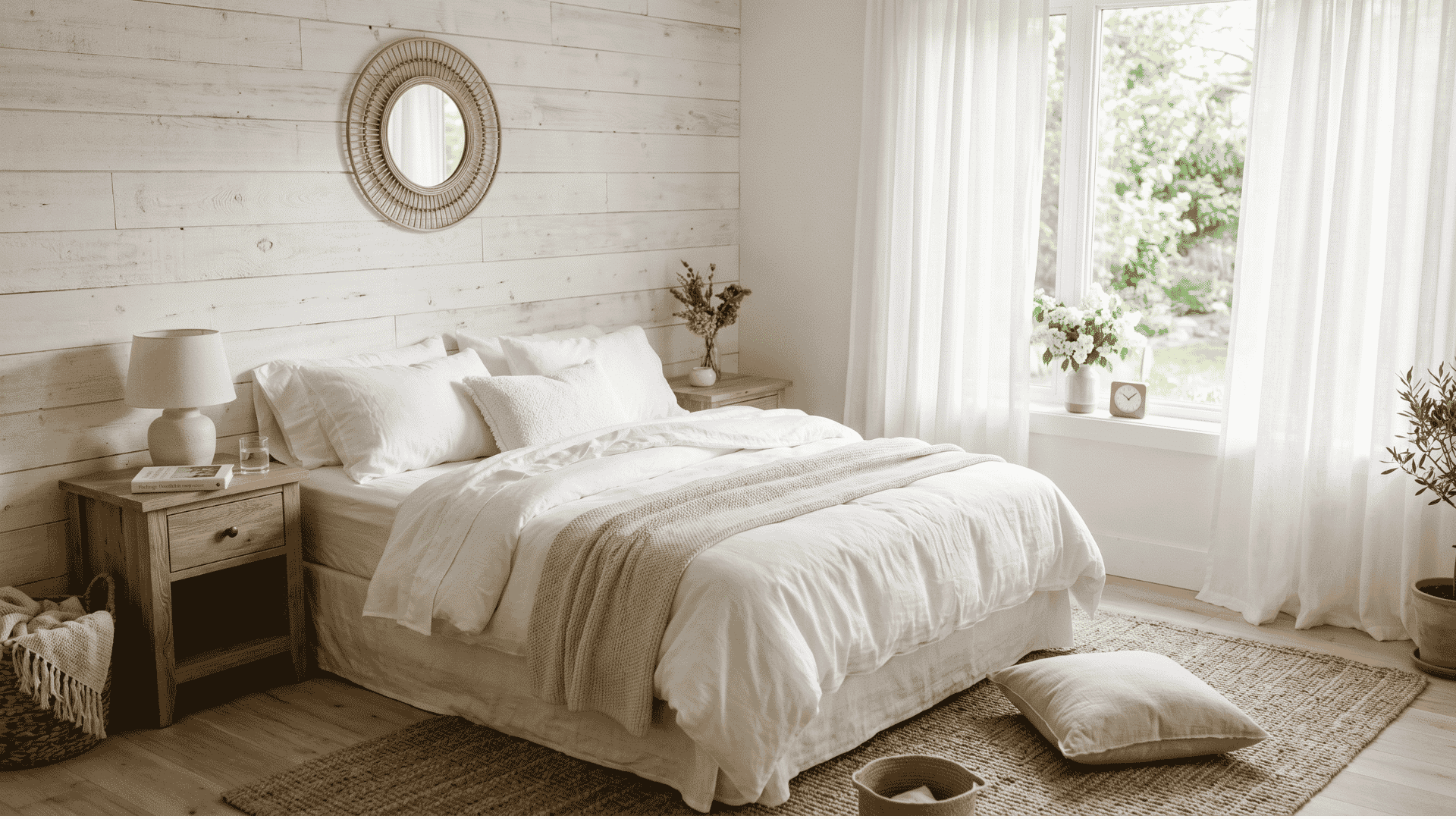 whitewashed wood plank wall in a bright casual bedroom