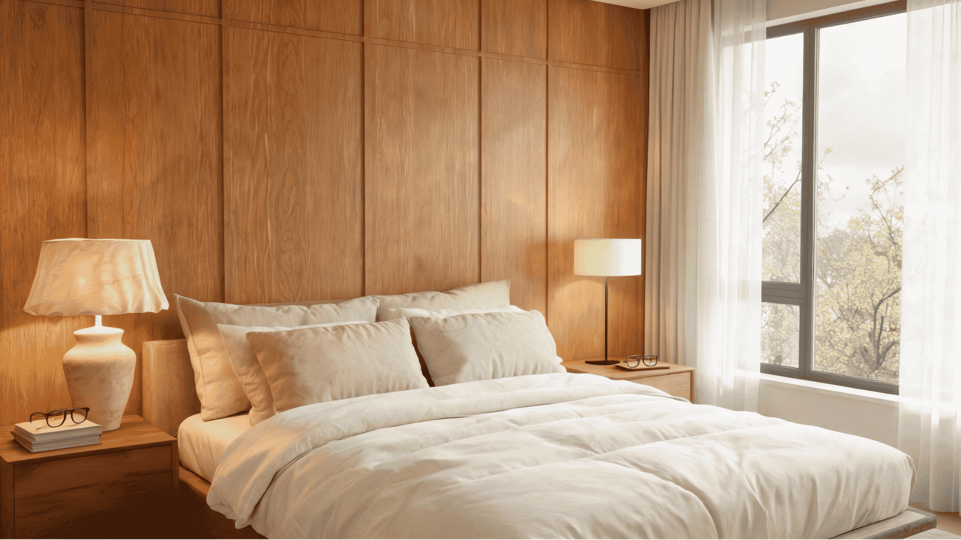 wood accent wall behind bed in bedroom