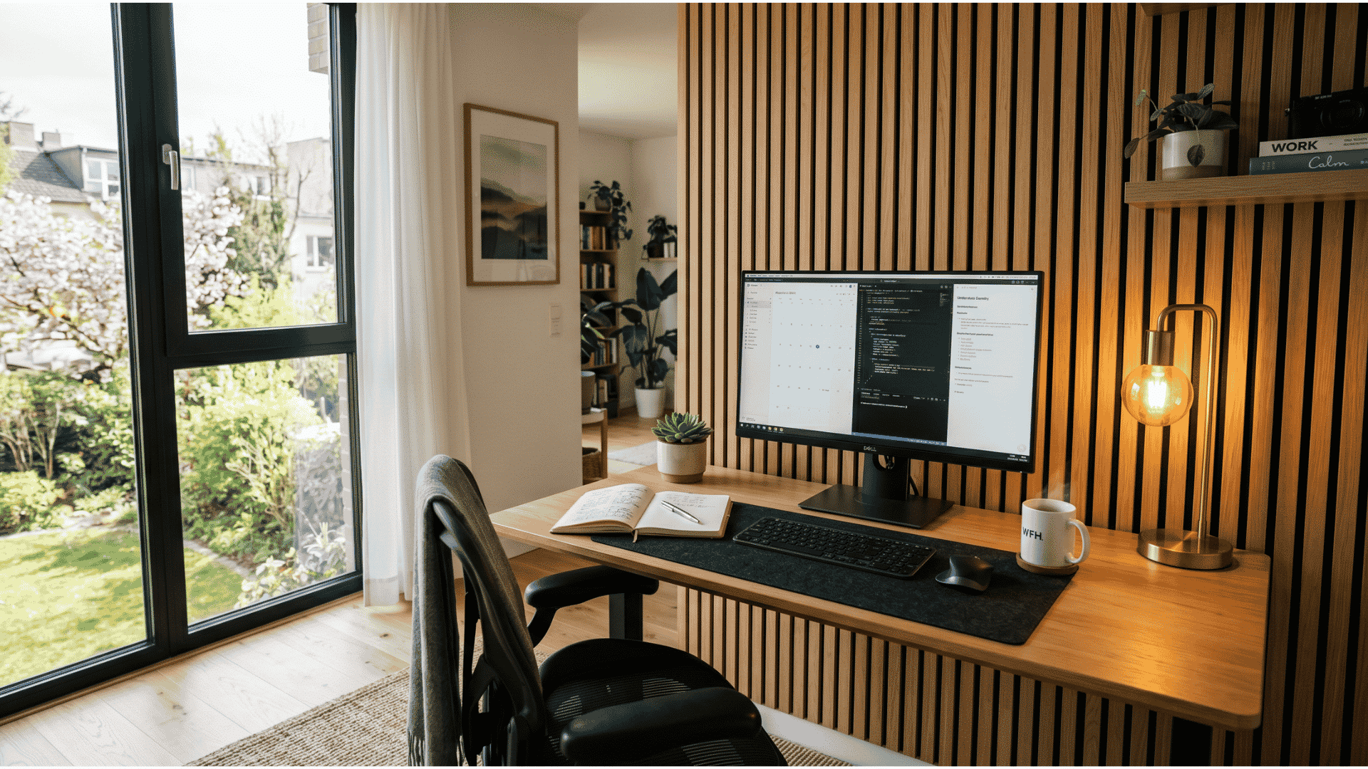 wood slat wall in a home office desk setup