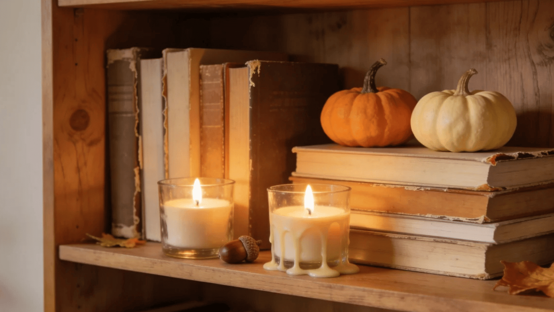 wooden bookshelf with candles stacked books and small pumpkins creating cozy autumn decor scene