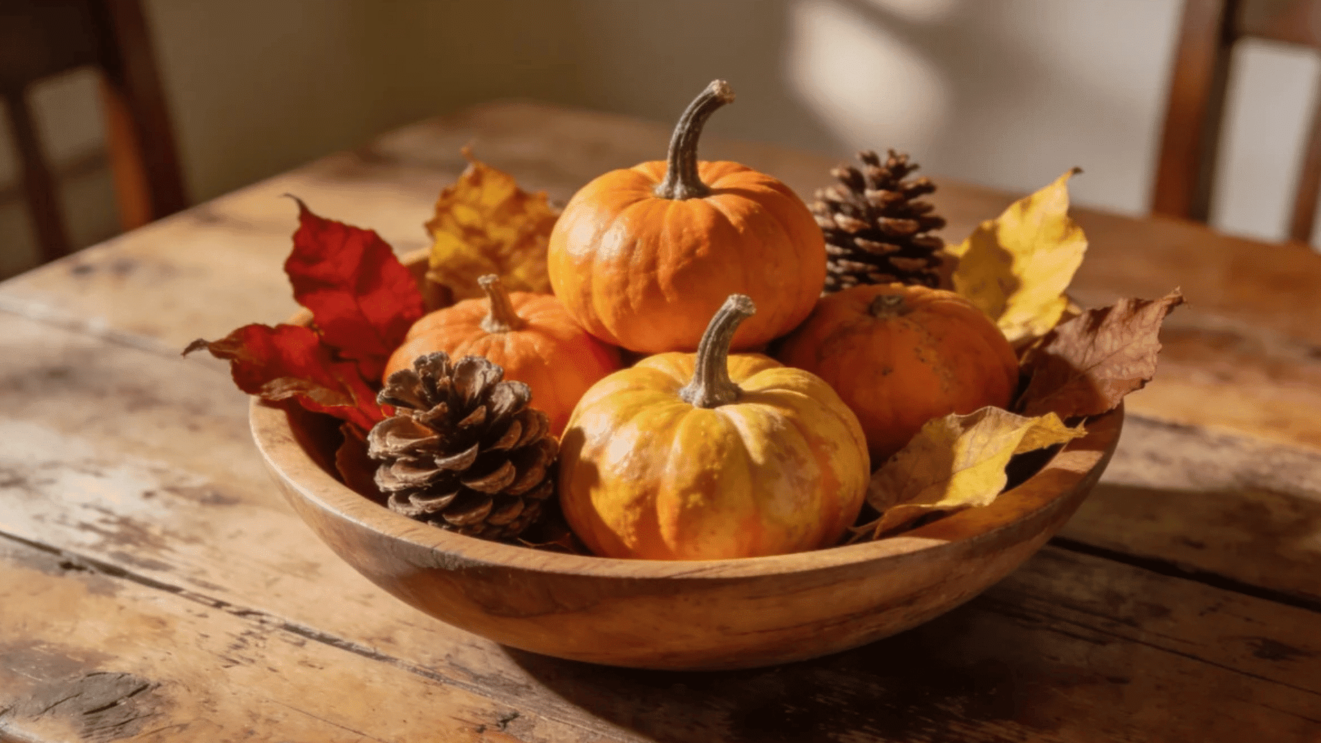 wooden bowl filled with small pumpkins pinecones and colorful autumn leaves on rustic dining table