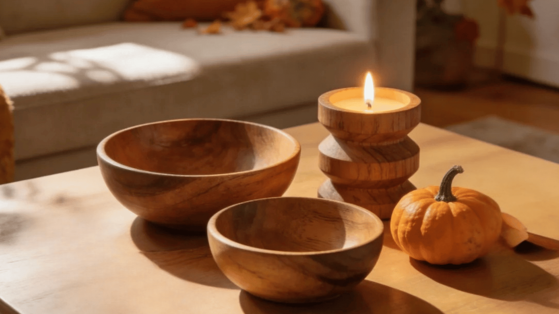 wooden bowls and lit candle beside small pumpkin on cozy autumn coffee table in warm sunlight