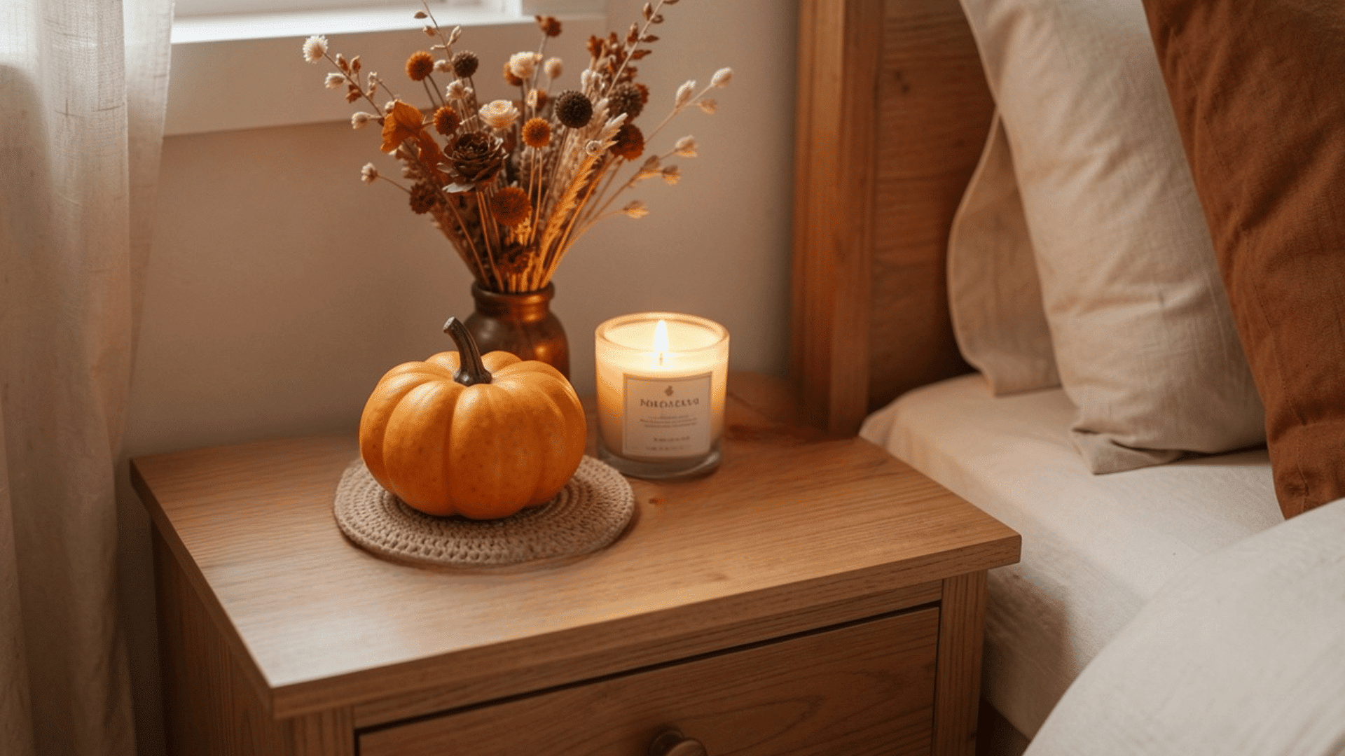 wooden nightstand with pumpkin candle dried flowers beside cozy bed