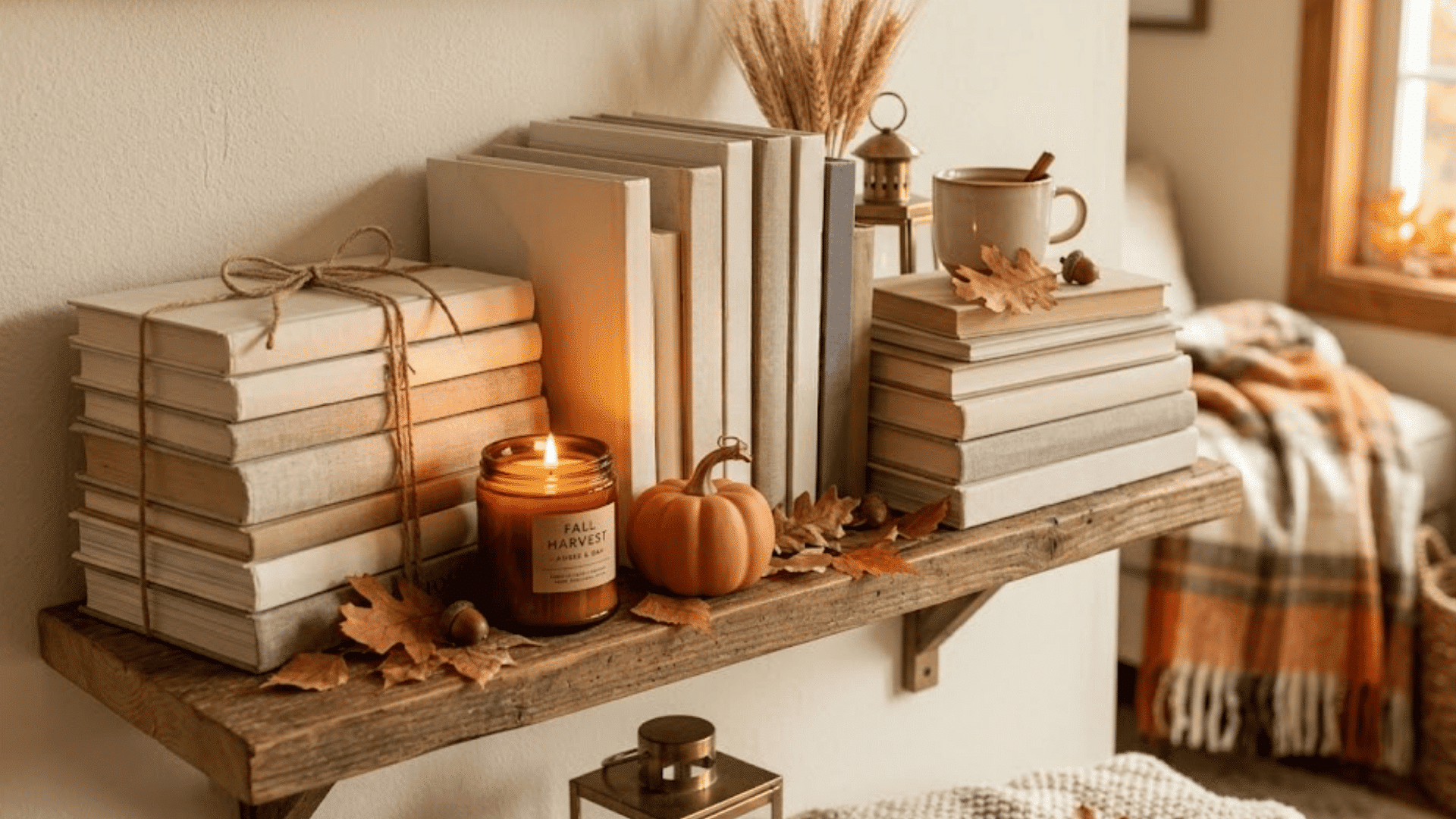 wooden shelf with stacked books candle pumpkin and cozy autumn decor beside sunny window