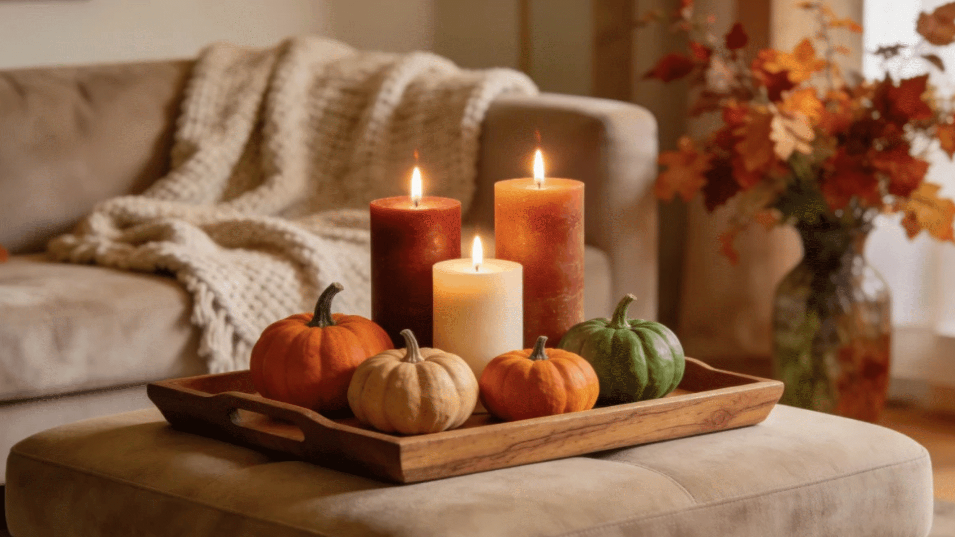 wooden tray with candles and colorful pumpkins on ottoman in warm autumn living room