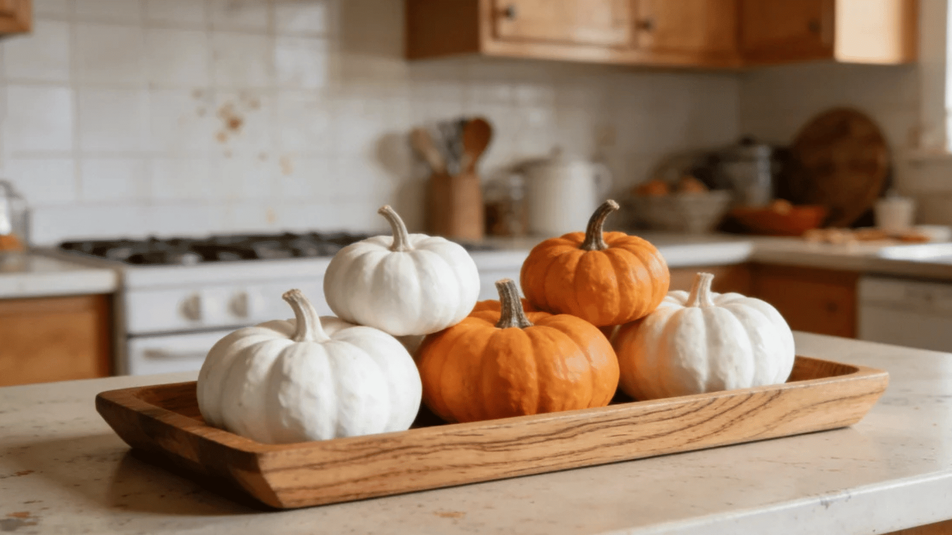 wooden tray with white and orange pumpkins placed on bright kitchen counter in warm natural light