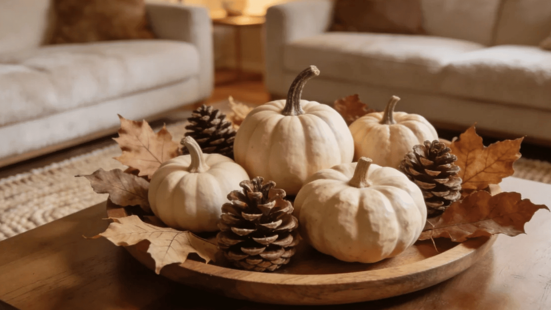wooden tray with white pumpkins pinecones and autumn leaves on cozy rustic living room table