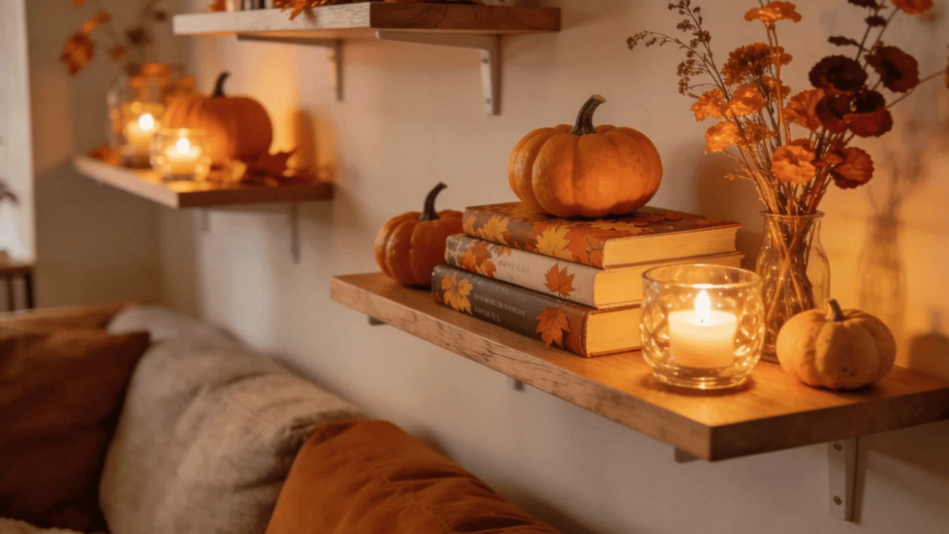 wooden wall shelves with pumpkins candles books and warm cozy autumn decor accents