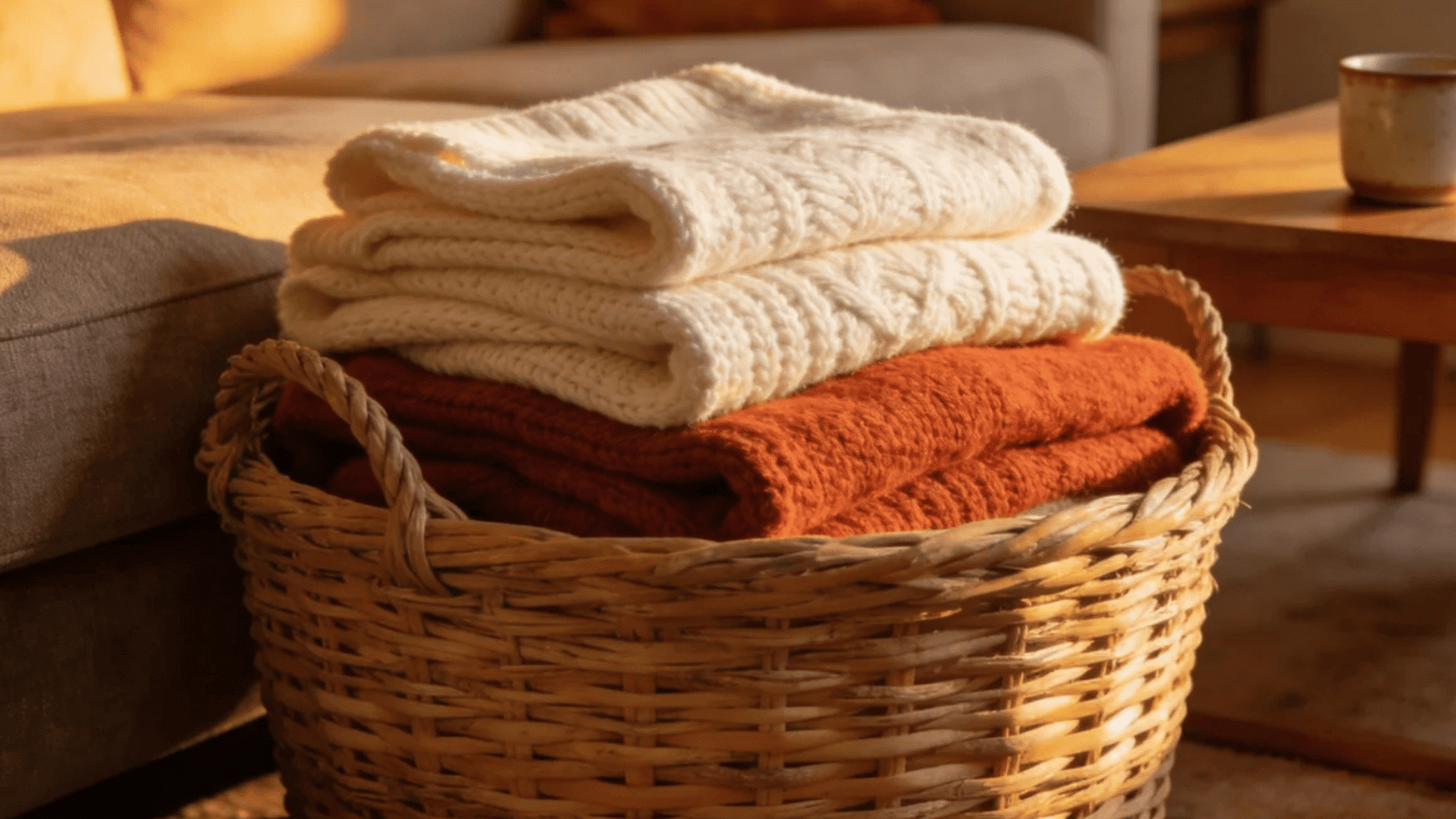 woven basket filled with folded knitted blankets beside cozy sofa in warm autumn living room