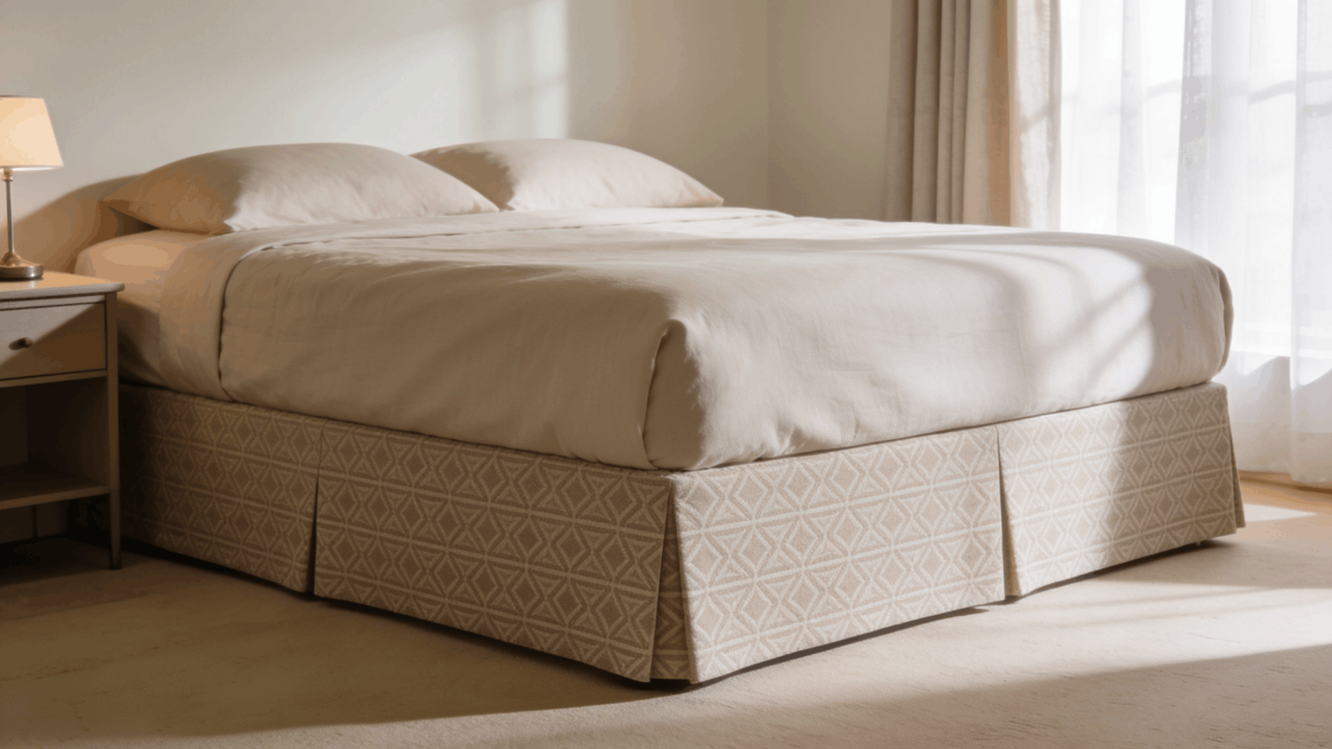 a bed with a neat fabric bed skirt covering the base and under bed space calm bedroom style