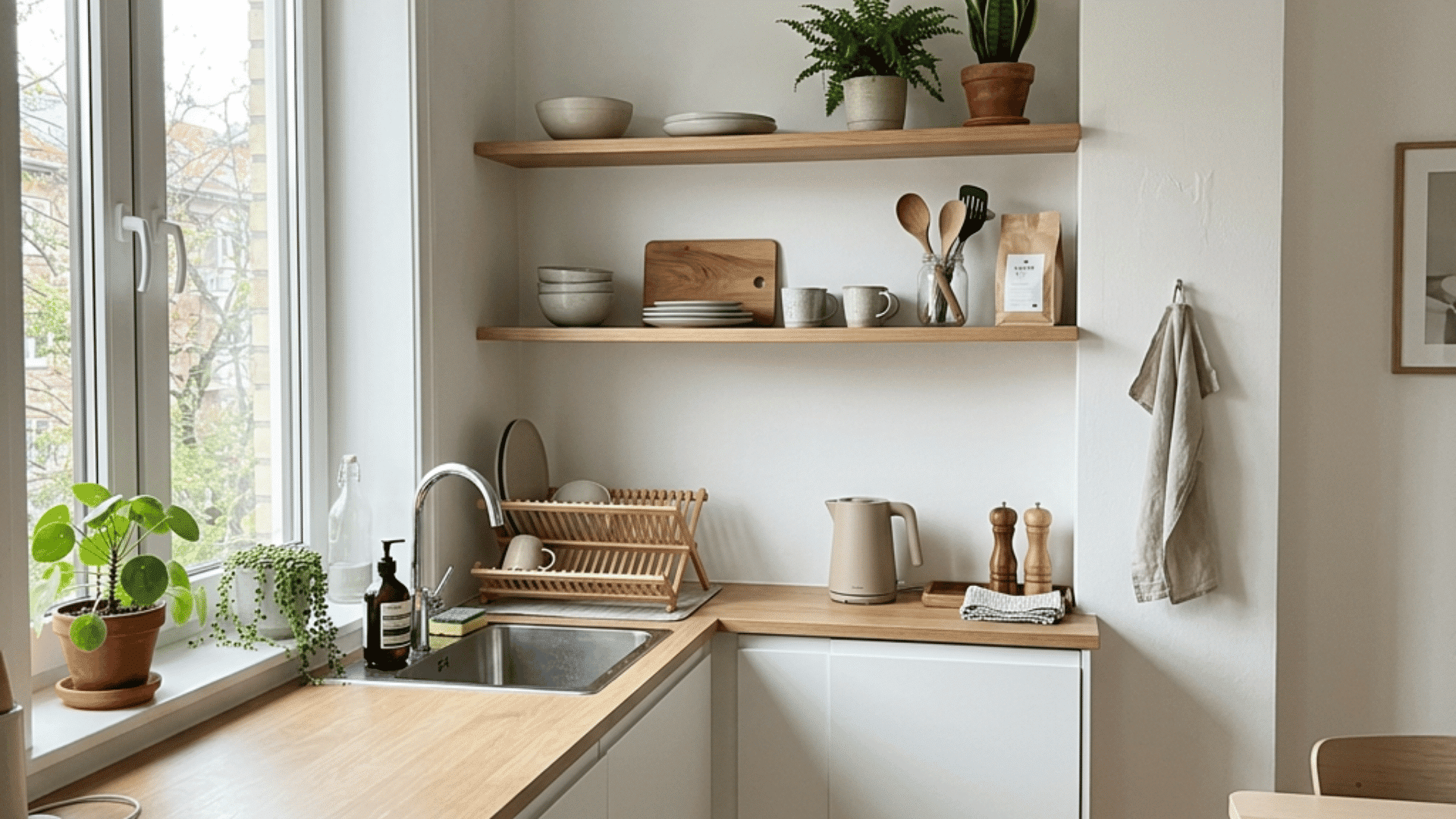 a bright compact kitchen with wood counters open shelves potted plants dishes sink kettle and window light