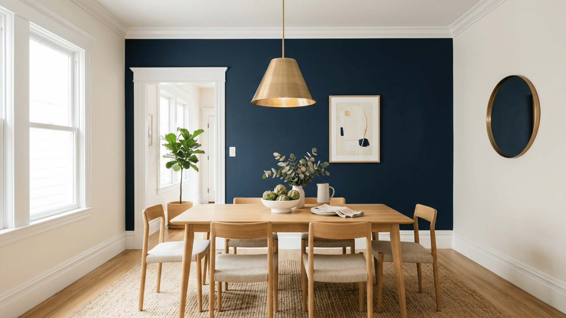 a bright dining room with navy accent wall wooden table cane chairs framed art globe pendant and leafy potted tree