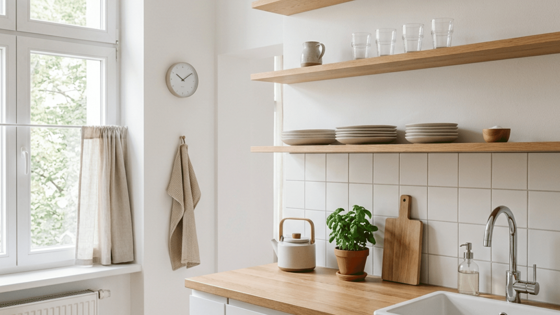 a bright minimalist small kitchen with white cabinets and light wood open shelving and a wooden countertop and large windows allowing maximum natural light