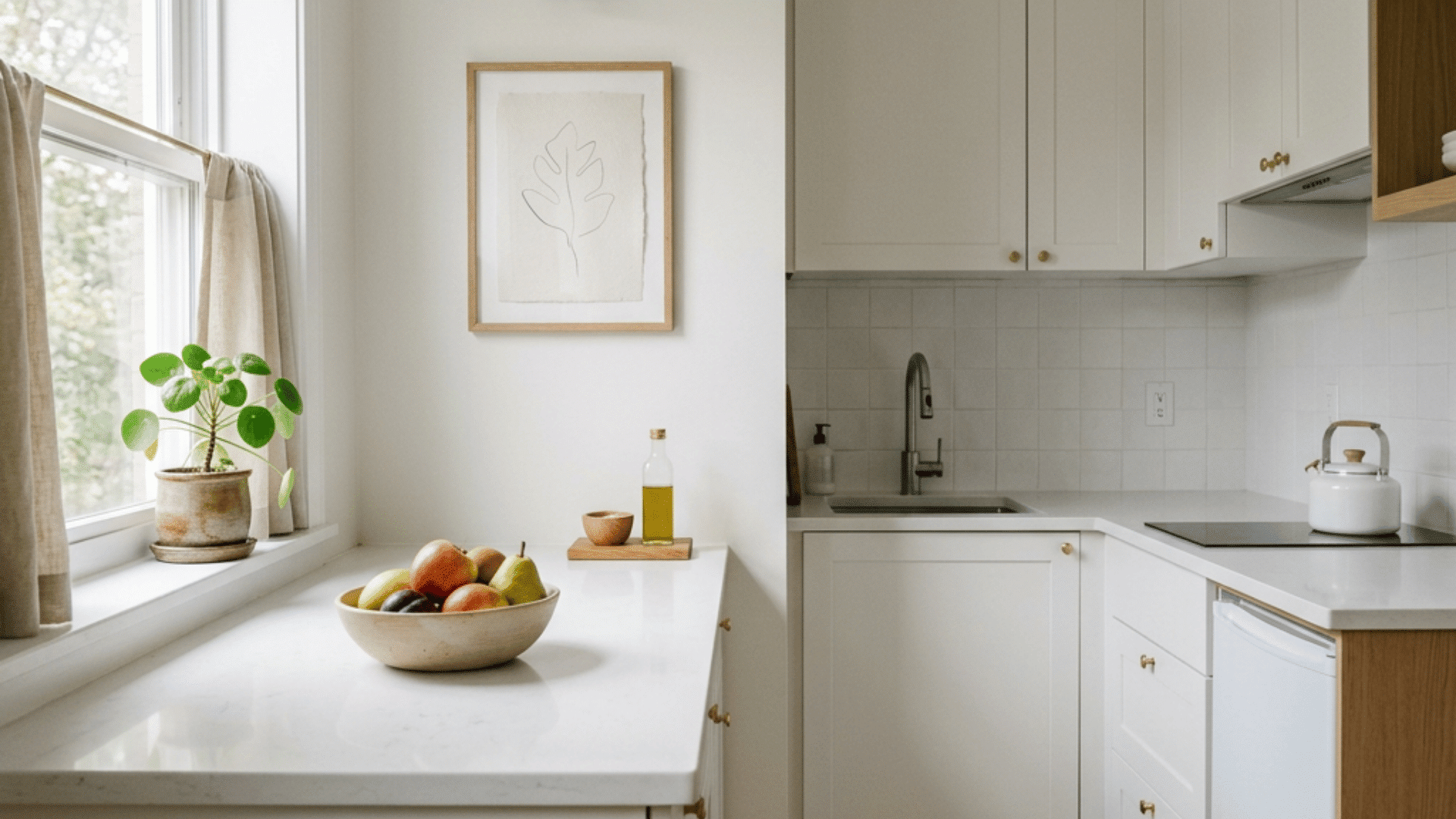 a bright minimalist small kitchen with white shaker cabinets and marble countertops and a single piece of wall art and a small plant as simple decoration