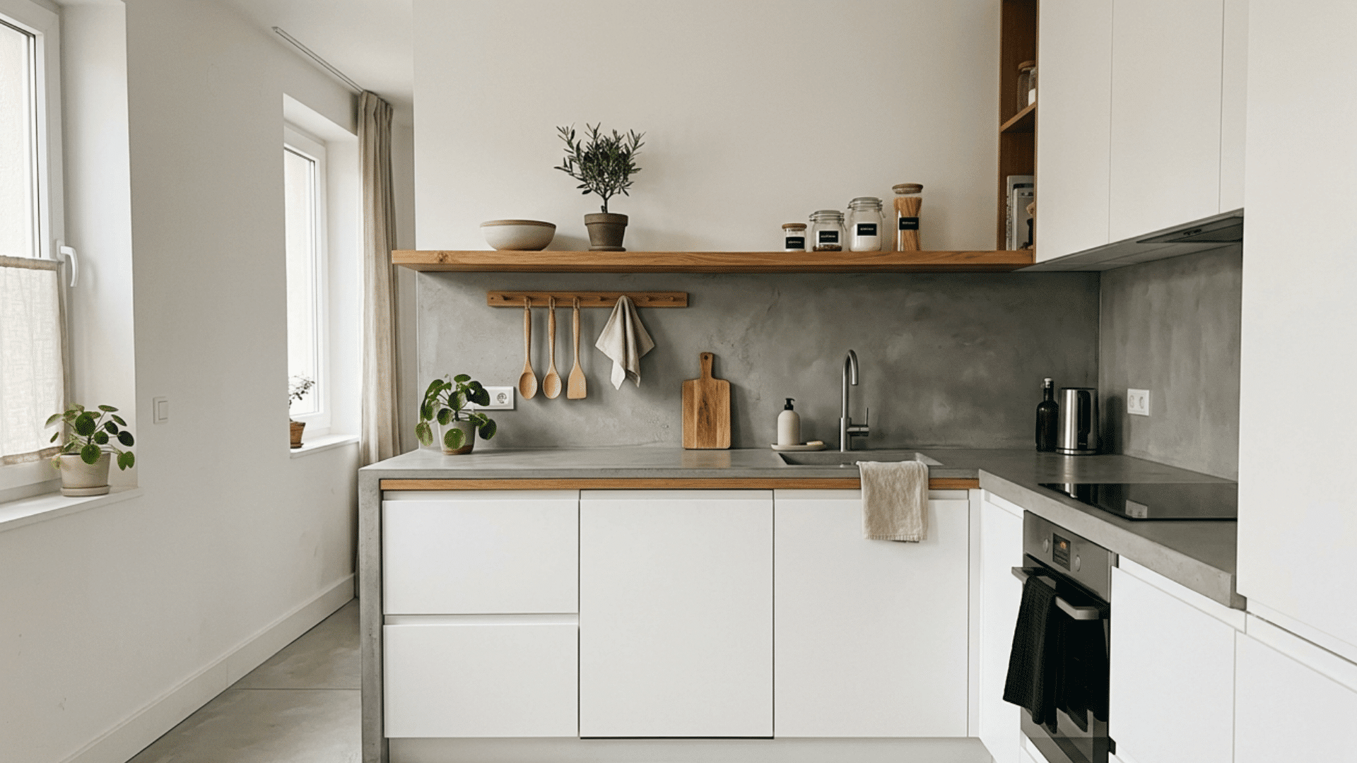 a bright modern kitchen with white cabinets grey counters wooden shelves hanging utensils and potted plants