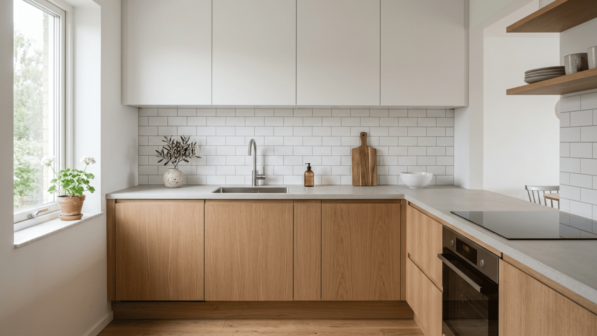 a bright modern kitchen with wood cabinets white tile backsplash countertop plants sink oven and open shelves