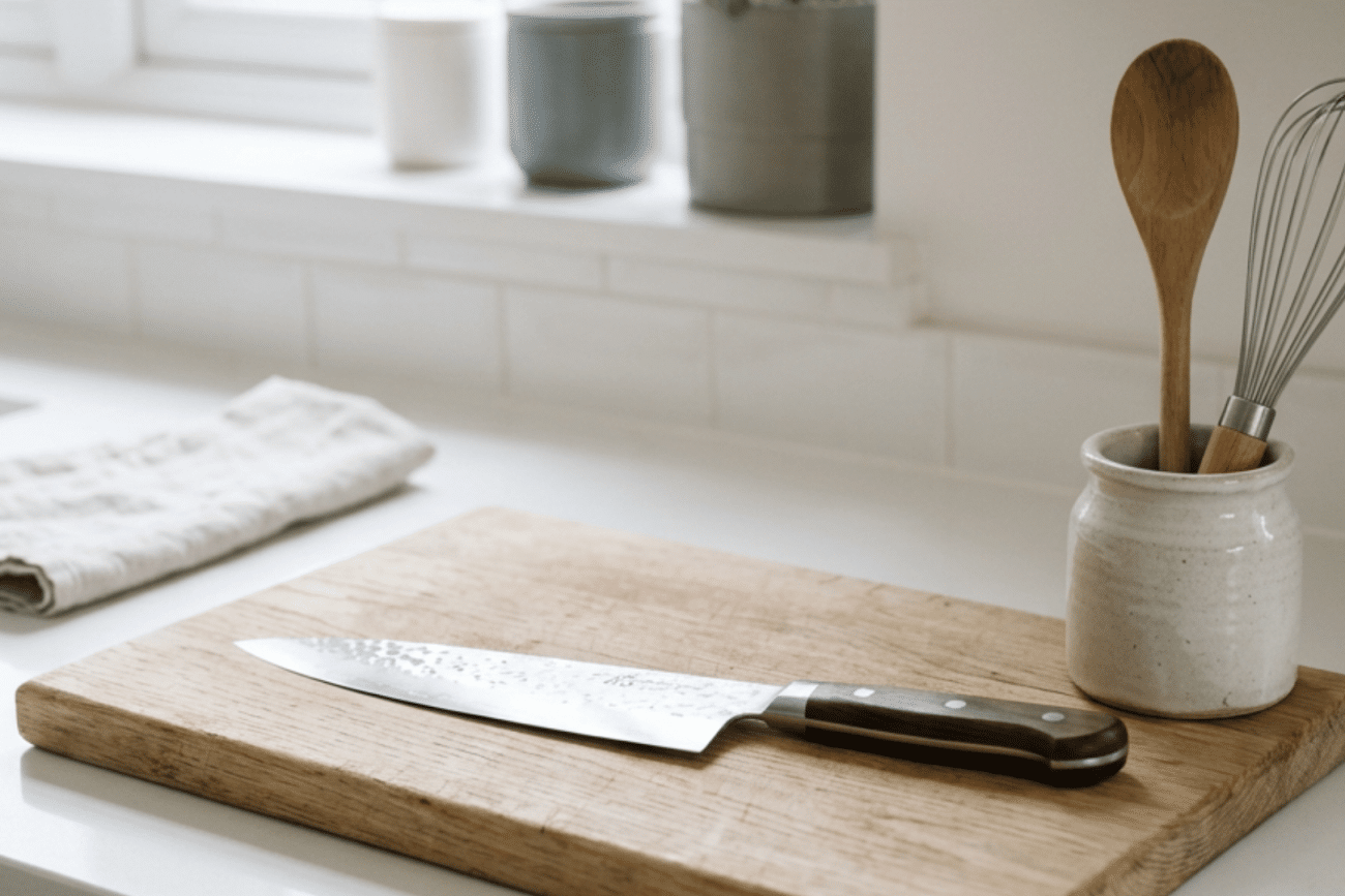 a chefs knife resting on a light wood cutting board next to a small ceramic crock holding a wooden spoon and a whisk on a white counter