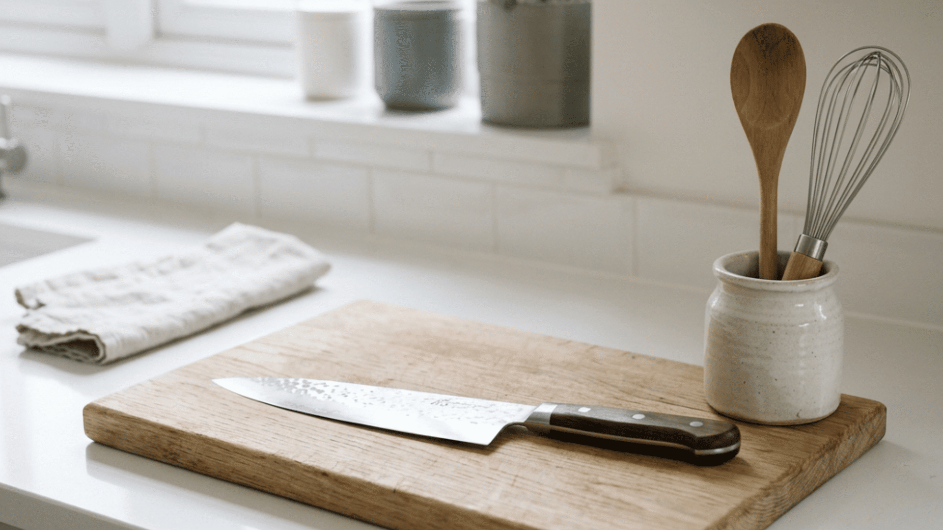 a chefs knife resting on a light wood cutting board next to a small ceramic crock holding a wooden spoon and a whisk on a white counter