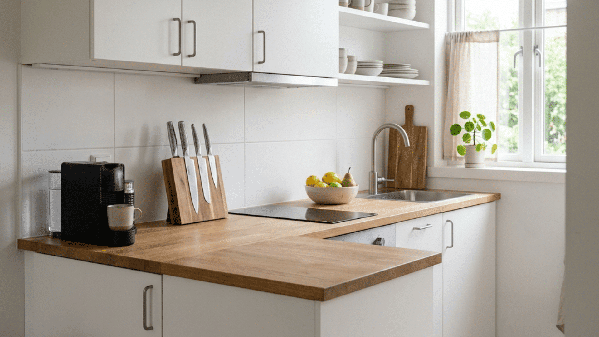 a clean minimalist small kitchen with white cabinets and warm wood countertops and open shelving and only essential daily use items kept on the counter