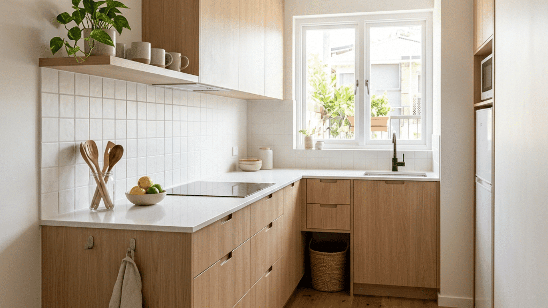 a compact minimalist small kitchen with natural wood cabinetry and white countertops and a simple open shelf and a bright window at the end