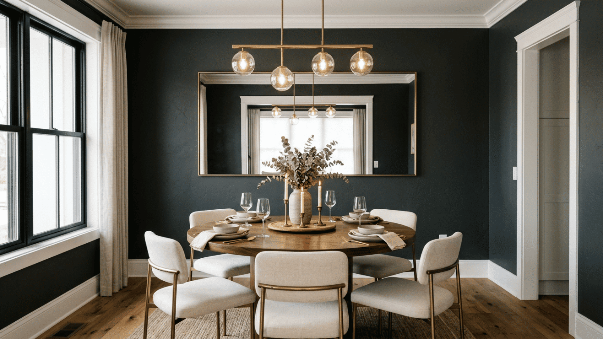 a dark green dining room with round wooden table cream chairs large mirror brass globe chandelier and candle centerpiece