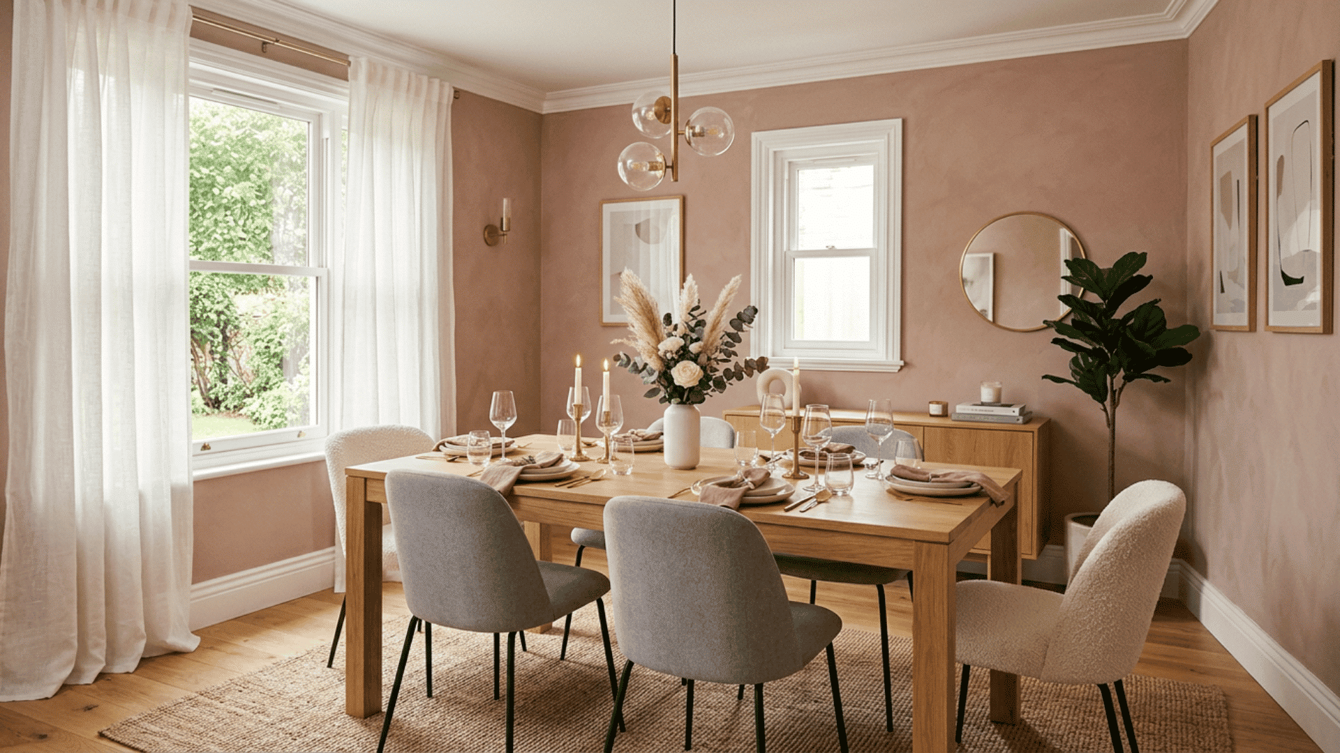 a dusty pink dining room with wooden table gray chairs candles floral vase round mirror sheer curtains and framed art