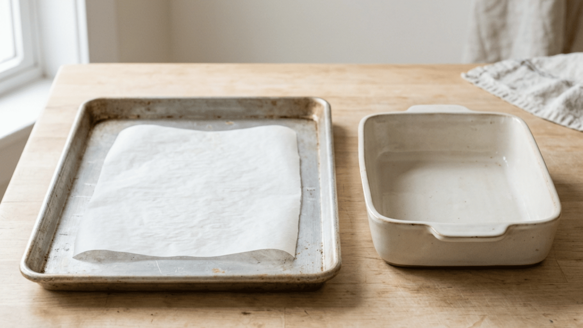 a flat metal baking sheet lined with parchment paper and a small white ceramic baking dish placed side by side on a light wood surface with soft natural light