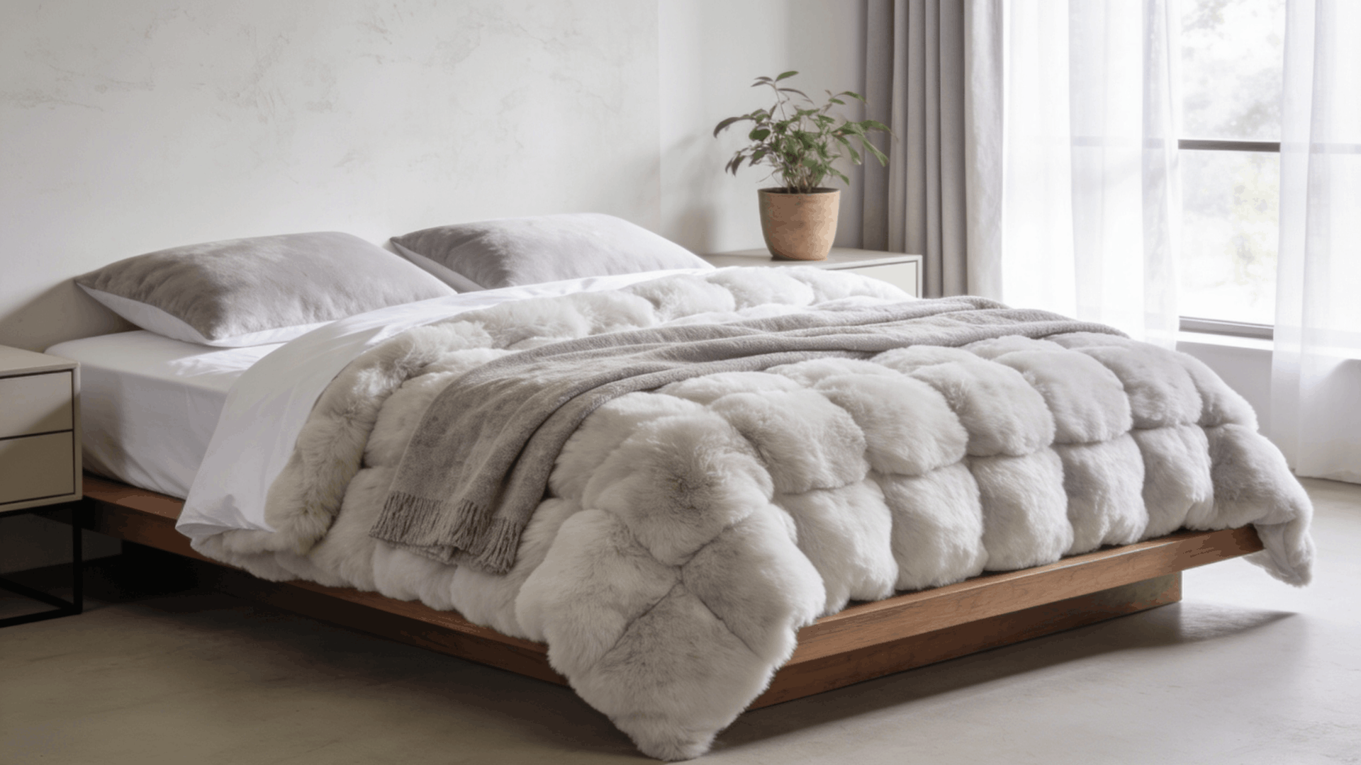 a fluffy duvet on a neatly styled bed showing soft volume and cozy layers bright modern bedroom