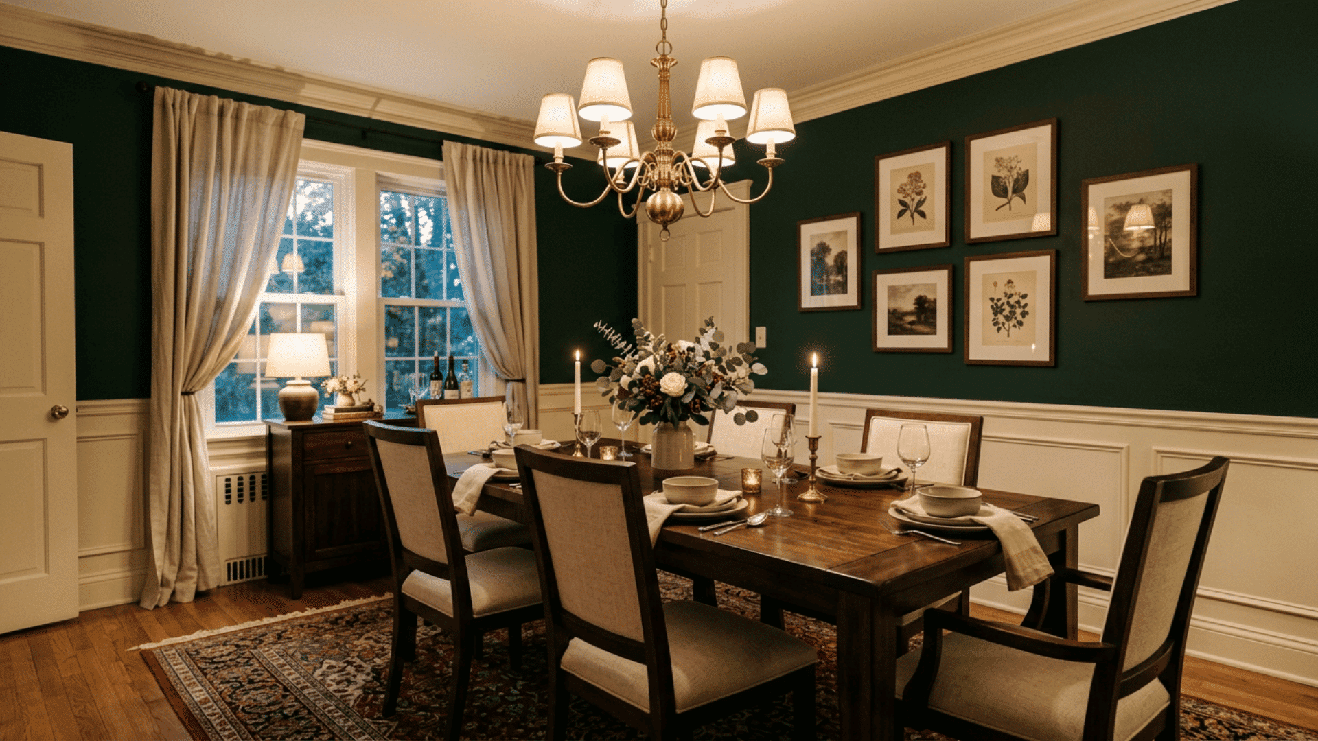a formal deep green dining room with dark wooden table cream chairs chandelier curtained windows candles and gallery wall
