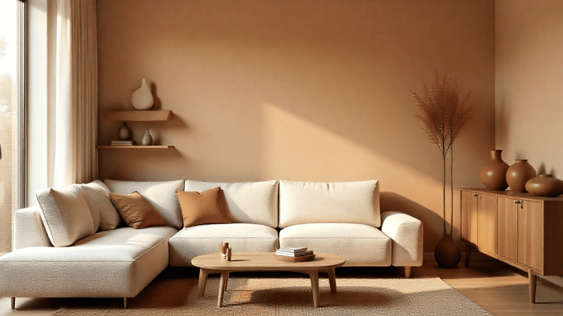 A light-colored sectional sofa with accent pillows faces a wooden coffee table and rug