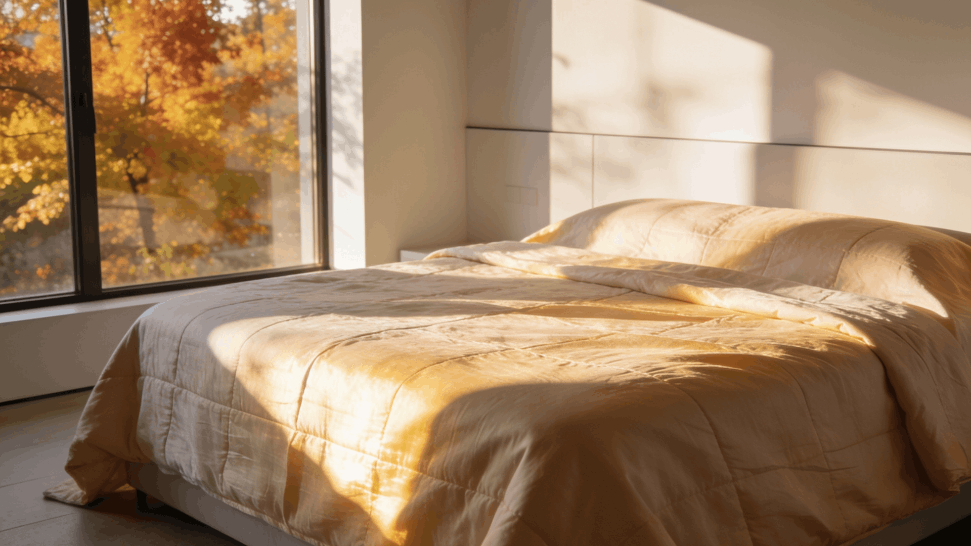 a light coverlet spread neatly over a bed showing thin smooth fabric clean modern bedroom style