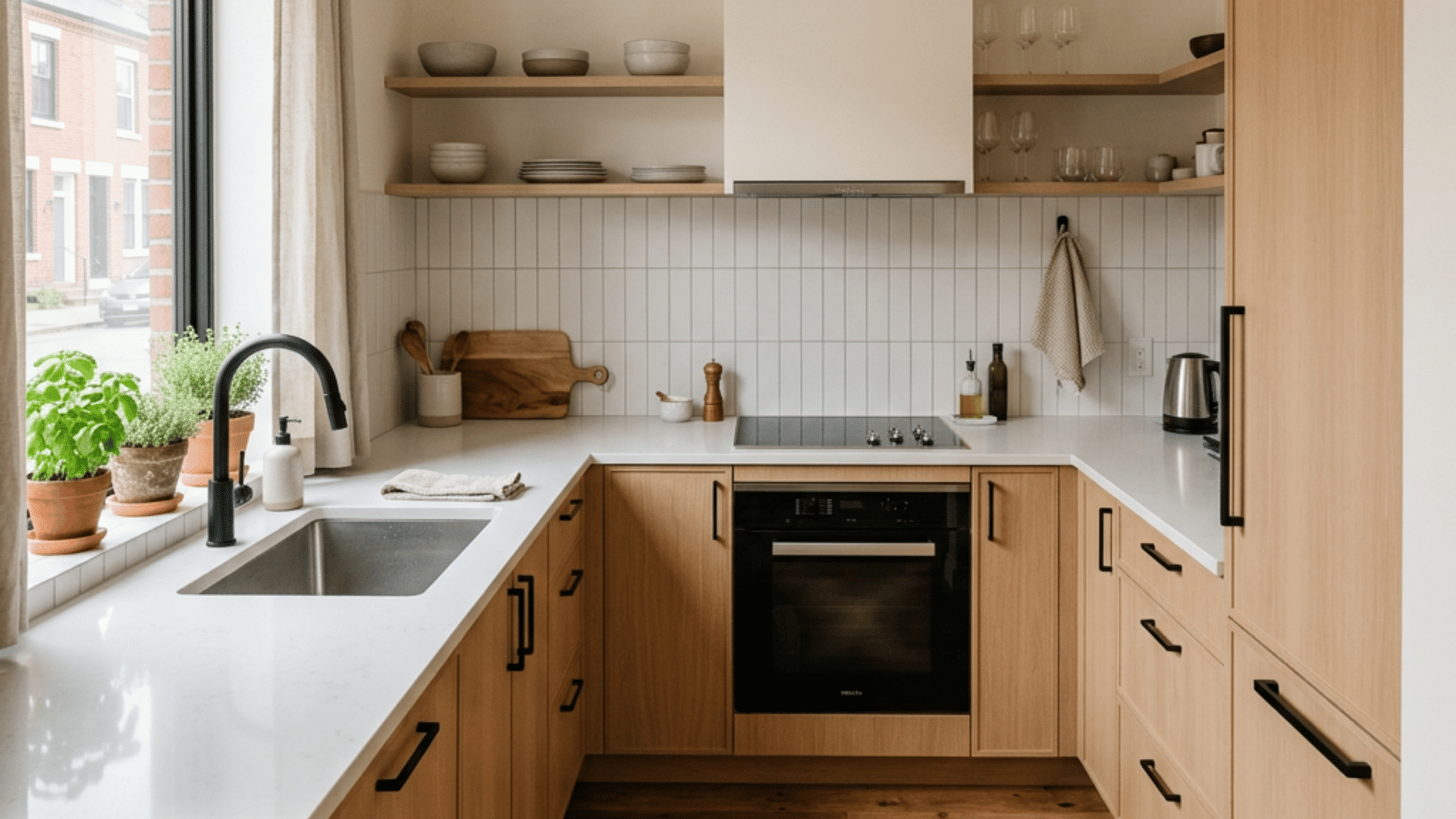 a minimalist small kitchen decorated with only a few meaningful accents including a small green plant a bowl of fresh fruit and one simple framed artwork on the wall.