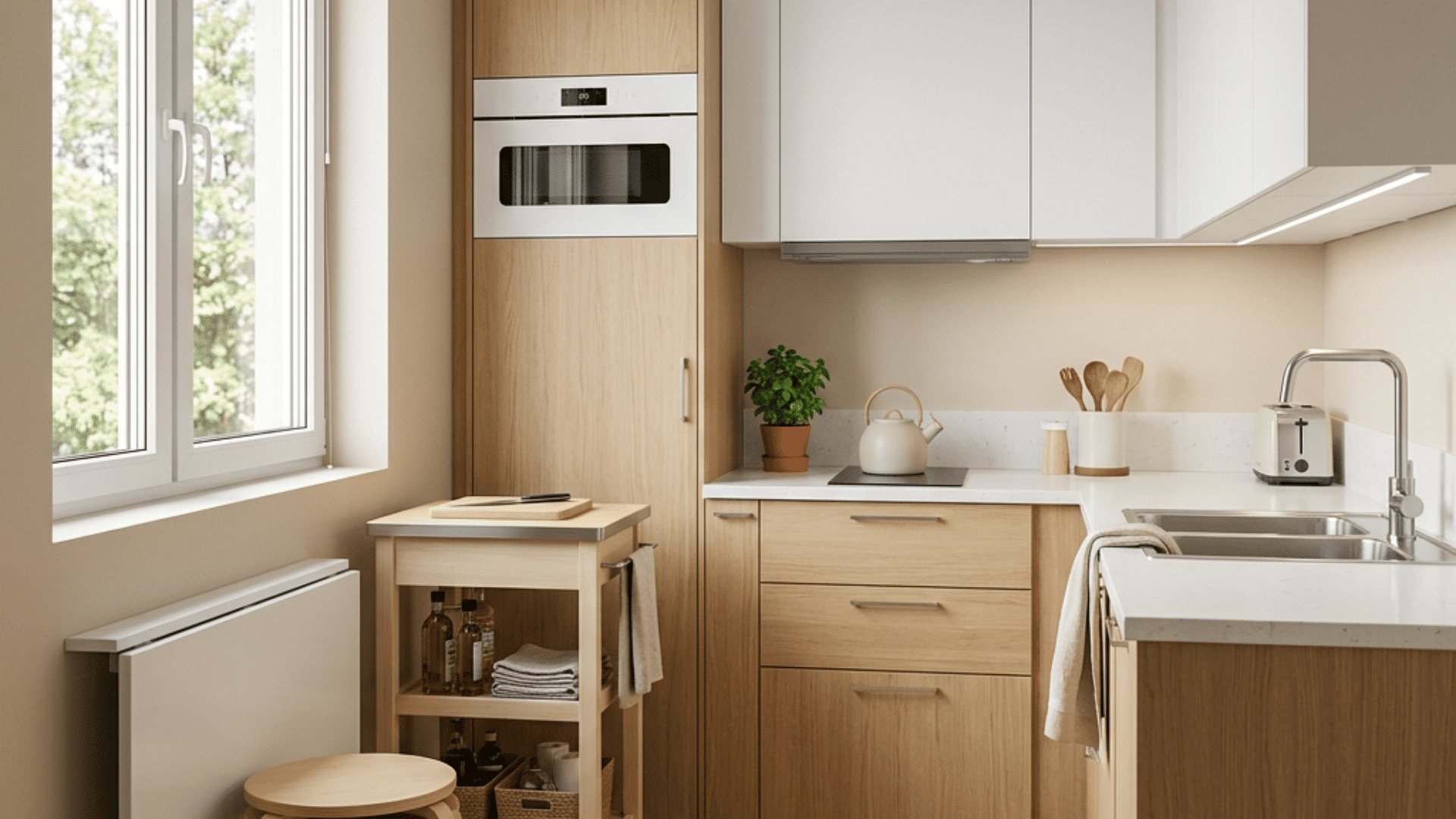 a minimalist small kitchen with a compact kitchen cart and a fold down table and light wood cabinets and a built in wall oven showing multi use furniture ideas