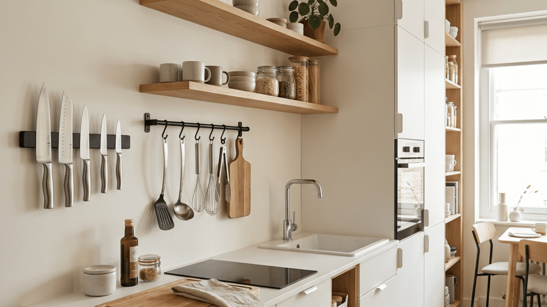 a minimalist small kitchen with a wall mounted magnetic knife strip and hanging utensil hooks and light wood open shelves and white cabinets showing smart vertical storage ideas
