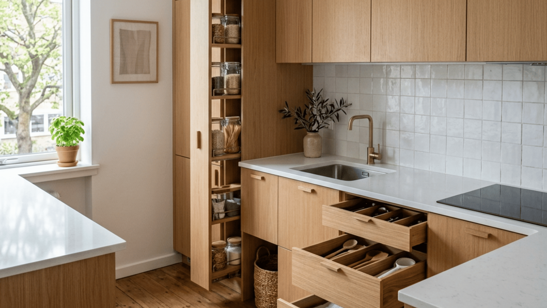 a minimalist small kitchen with smart pull out storage and open wooden drawers and light wood cabinets and white countertops showing organised hidden storage solutions